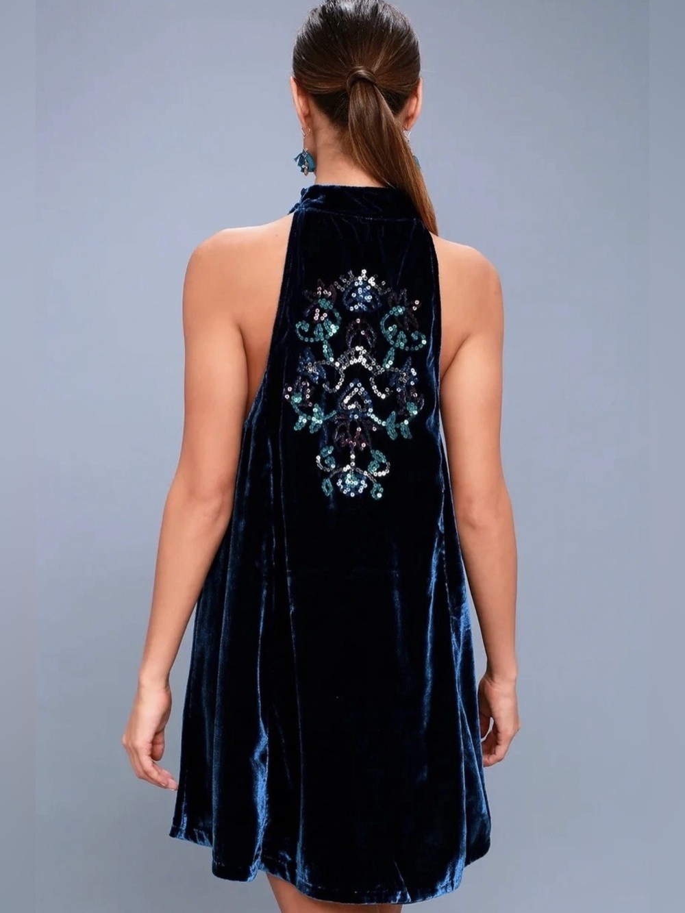 Free People Navy Velvet Bohemian Embroidered Sequin Mini Party Dress Size XS - Picture 2 of 12